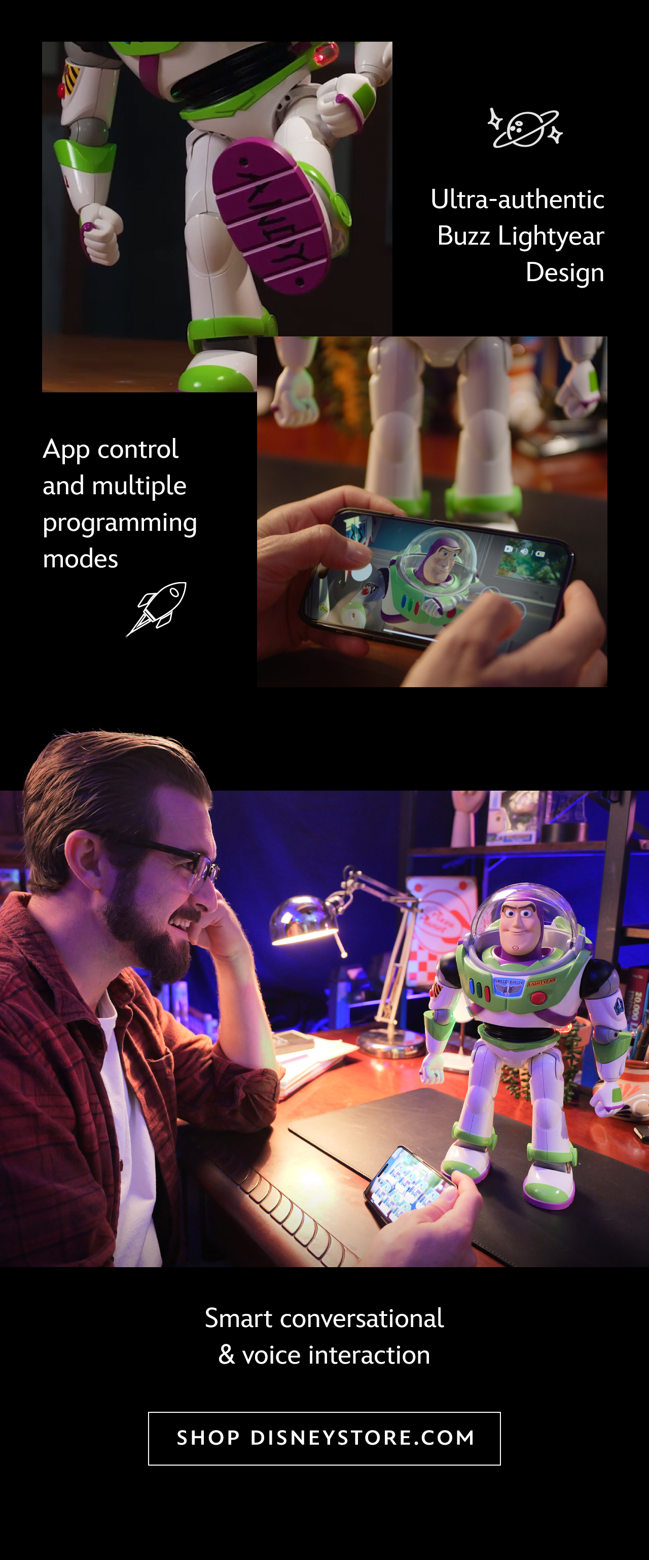 Ultra-authentic Buzz Lightyear Design. Smart conversational and voice interaction. App control and multiple programming modes | Shop DisneyStore.com